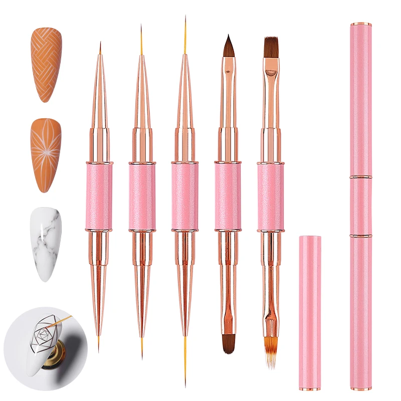 

New 2 IN 1 Pink Metal Handle 5PCS/Set 3D Flower Set Ombre Oval Long Short Detail Liner Nail Art Brush Set 7 9 11 17 3 25mm