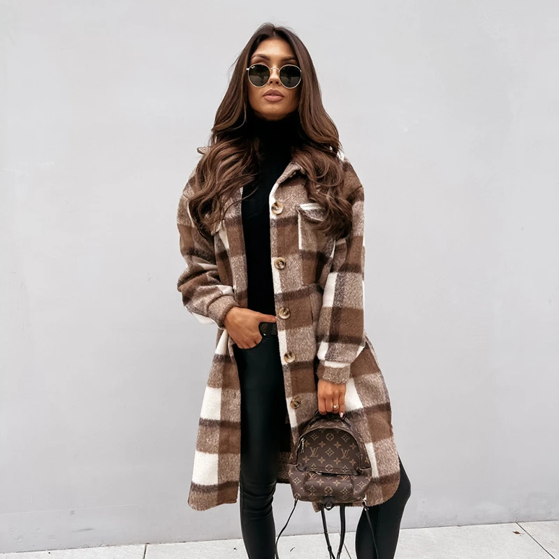 

Amazon hot style European women's clothing plaid print woolen jacket
