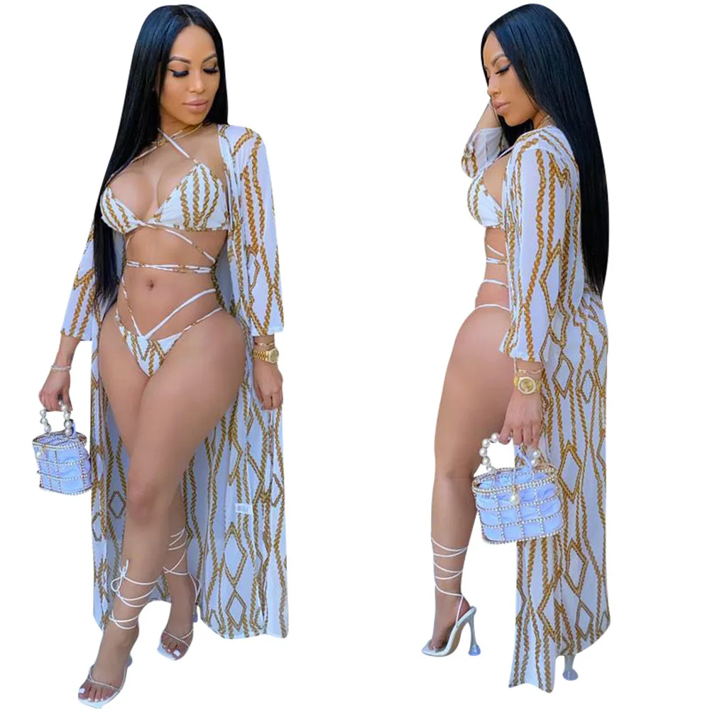 

Trendy Cutout Bandage Long Sleeve Beachwear Two Pieces Round Neck Wrap Multi Stripe Women Swimwears 2021