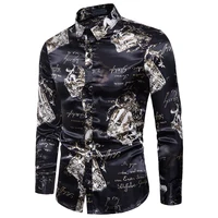 

Men Silk Shirt Autumn Fashion Slim Fit Dynamic Dark Printed Smooth Fabric Men Dress Shirts Chemise