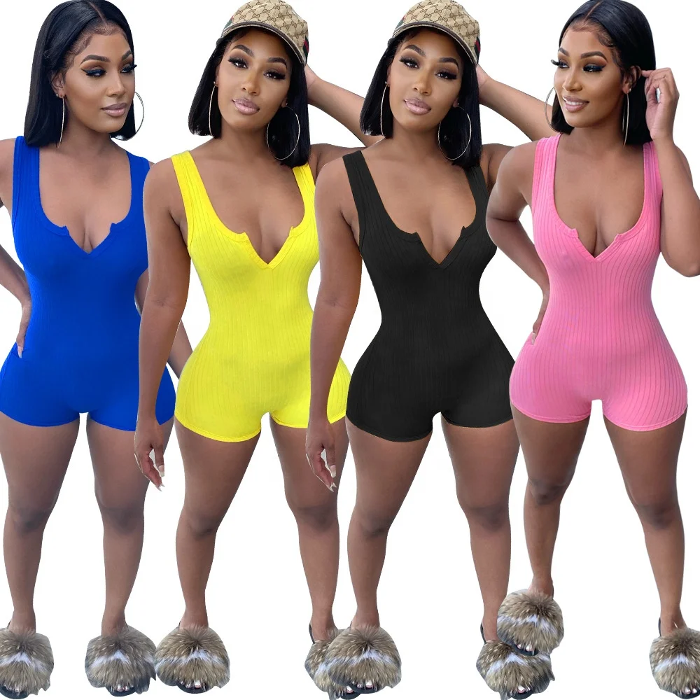 

QC-W4021 New arrivals 2021 sexy v neck bodycon ribbed bodysuit women casual sleeveless solid short summer jumpsuit