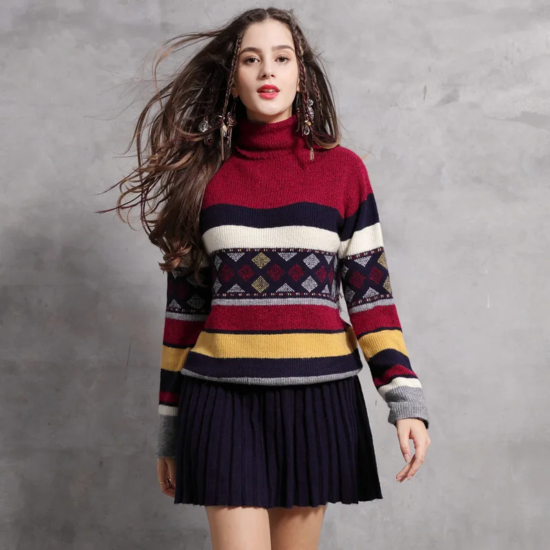 

2020 winter new striped color-blocking knit skirt retro high neck long sleeve dress, Shown