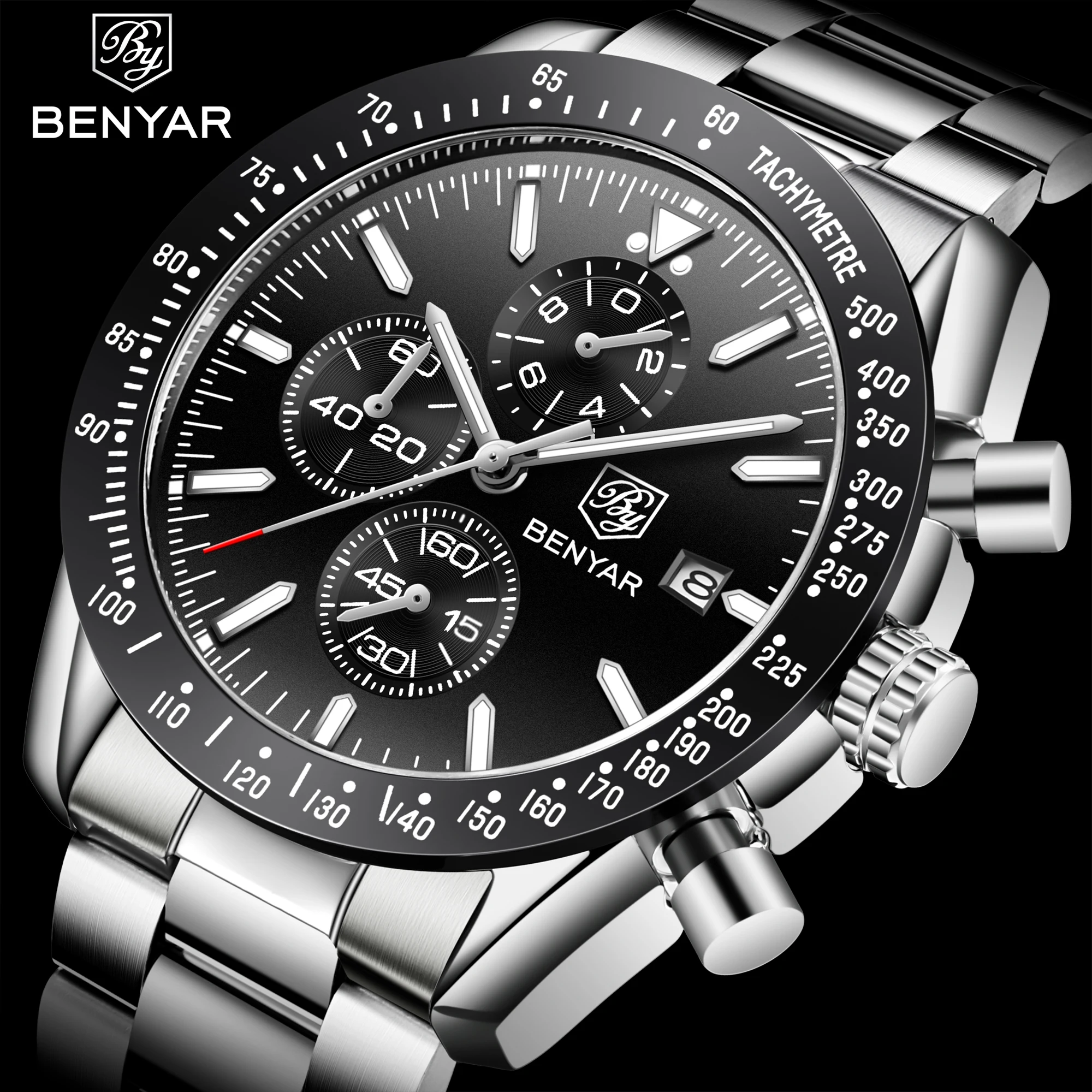 
OEM 2020 Benyar 5140 analog silicon strap wristwatch for men custom logo reloj hombre chronograph quartz watch men wrist watches 