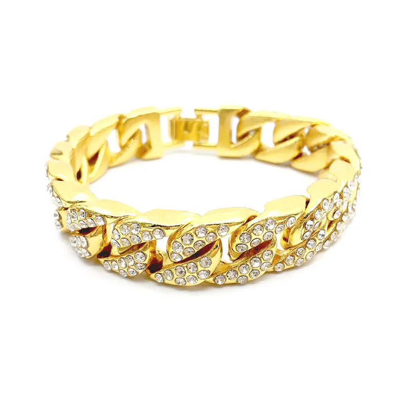 

2021 New Trend Hiphop Iced Out Crystal Jewelry 14K 18K Gold Plated Cuban Link Chain Bracelet