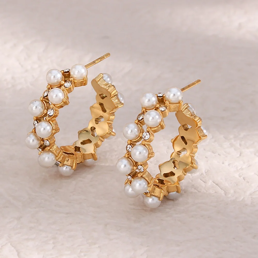 

Exaggerated Hollow Out Fresh Water Pearl Hoop Earrings 18K Gold Plated Stainless Steel Zircon Earrings Designer Jewelry