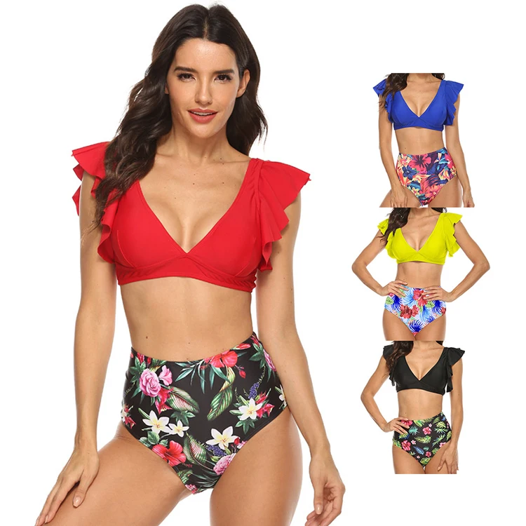 

Women Sexy Split Bikini Swimsuit Printing Swimming High Waist Bathing Suits Woman V Neck Beachwear Girls Ruffle Arm Swimwear Set, Picture showed