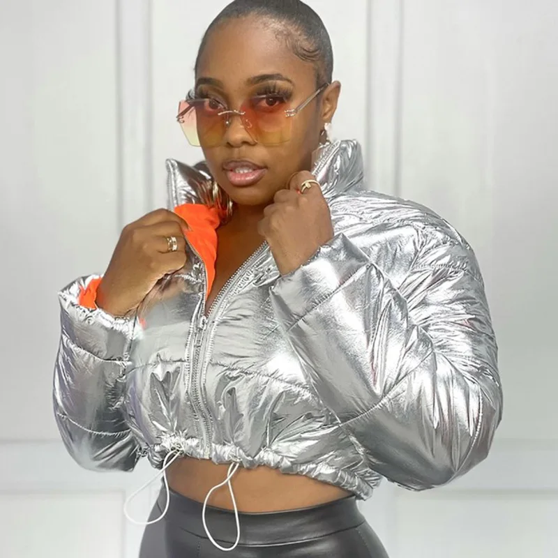 

Wholesale Stitching Lapel Zipper Elastic Cord Shinny Cotton Coats For Woman