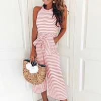 

Elegant Jumpsuits Women Sleeveless Striped Jumpsuit Loose Trousers Wide Leg Pants Rompers Holiday Belted Leotard Overalls