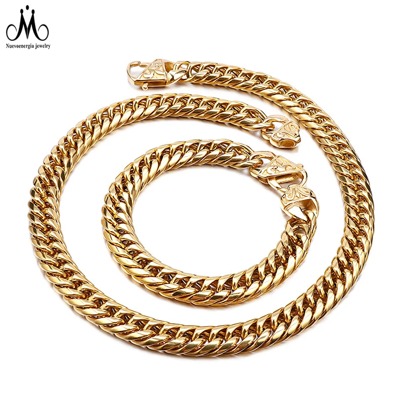 

Trendy Men's Thick Miami Necklace Bracelet Jewelry Set Gold Black Curb Cuban Link Necklace Unisex, Black, gold