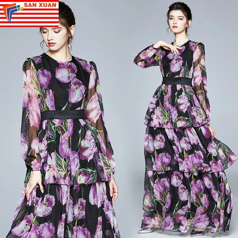 

Spot new Spot new 2022 spring women's new fashion round neck long sleeve floral casual dress Spot new, Picture color