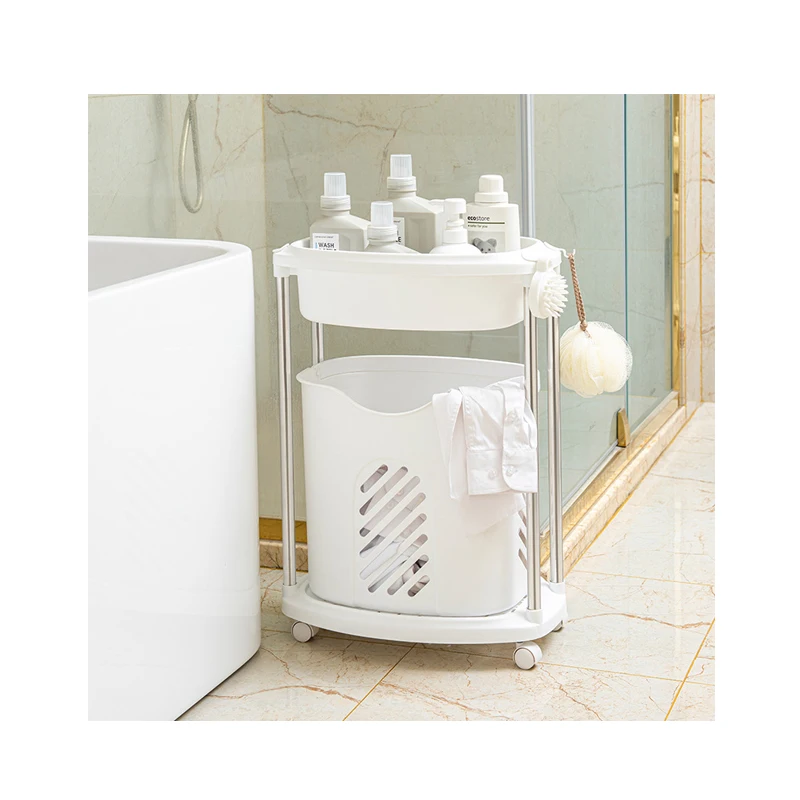 

2 Layers Bathroom Household Portable Dirty Hamper Multifunctional Clothes Storage Laundry Basket Balcony Storage Rack, White