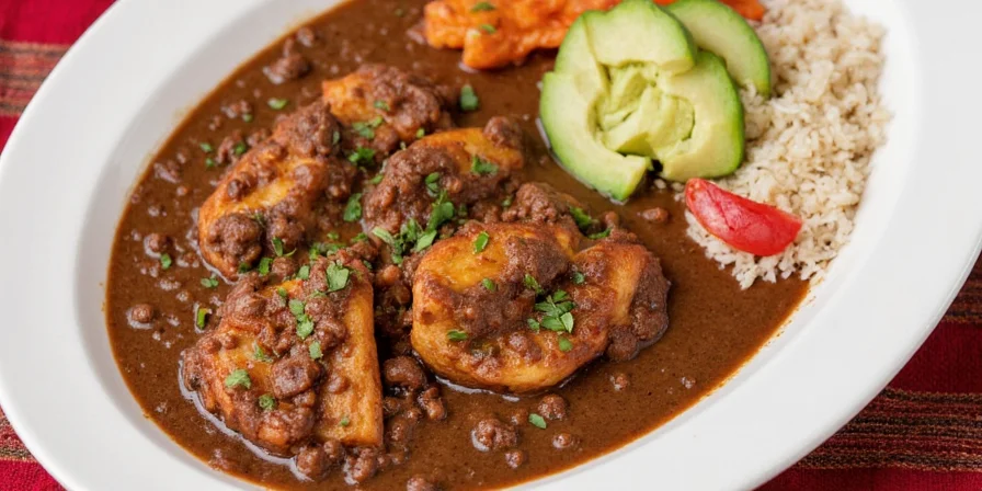 Serving chicken mole with rice and tortillas