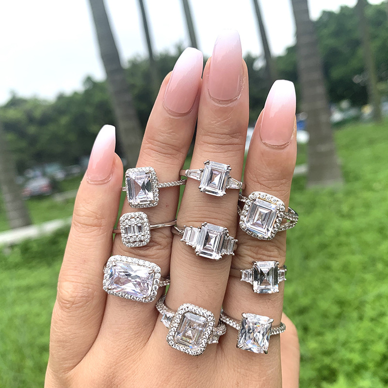

2021 Hip Hop Jewelry 925 Sterling Silver Engagement Ring Iced Out CZ Cubic Zirconia Wedding Rings Big Square Stone Diamond Ring