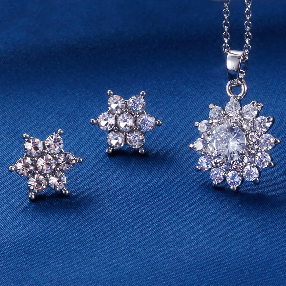 

HPXmas 2020 fashion chains For Women Sun flower snowflake Pendant Jewelry silver color earrings and Necklace set sexy Gift