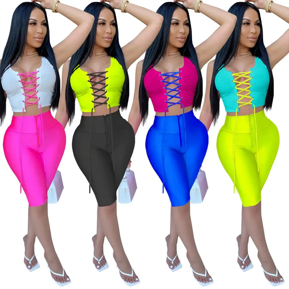 

2021 Summer women Fashion New Sexy Tops&Pant Summer Sport Casual Bodycon Short Two piece Short Set Women, As pics