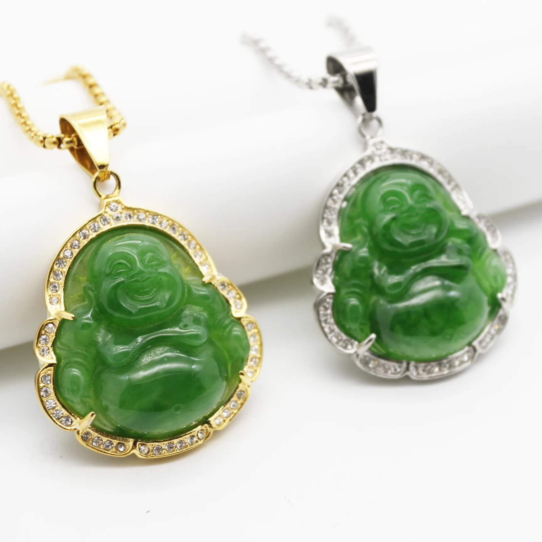 

Silver Gold Plated Stainless Steel Natural Emerald Jade Buddha Pendant Necklace Lucky China Buddha Pendant Necklace Jewelry