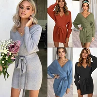 

Lover-Beauty Pure Color Deep V Neck Waist Tie Mini Length Women Sexy Bodycon Sweater Dresses