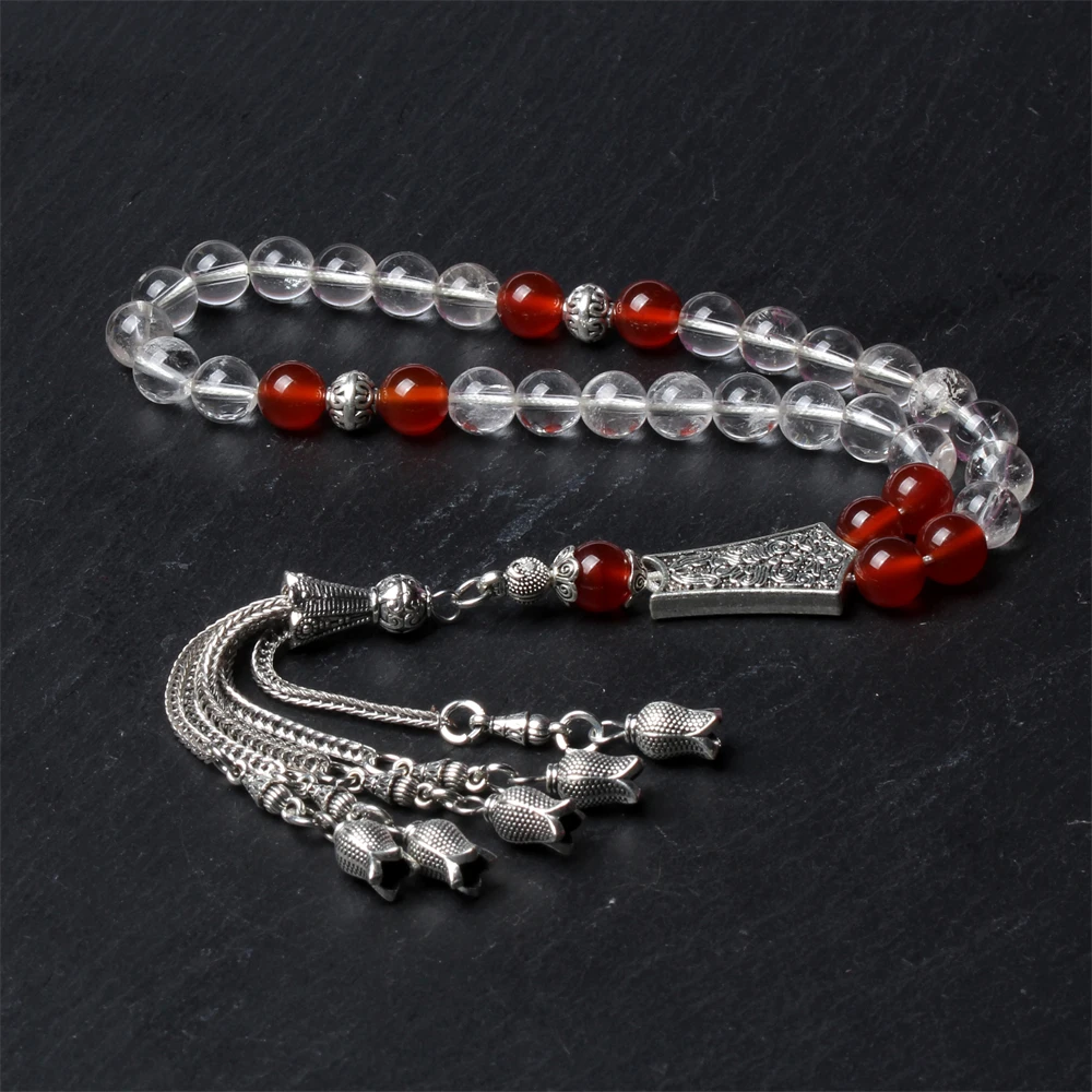 

High grade natural white quartz red agate beaded islamic tasbih prayer beads sibha