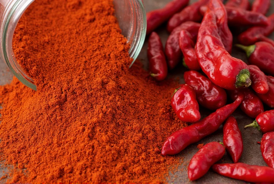 Close-up view of ground red pepper in a spice jar next to whole dried red peppers showing texture and color variation