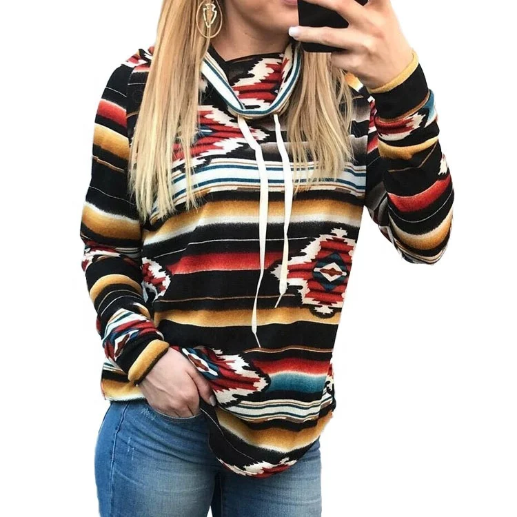 

Stacked collar printed lace-up long-sleeved T-shirt