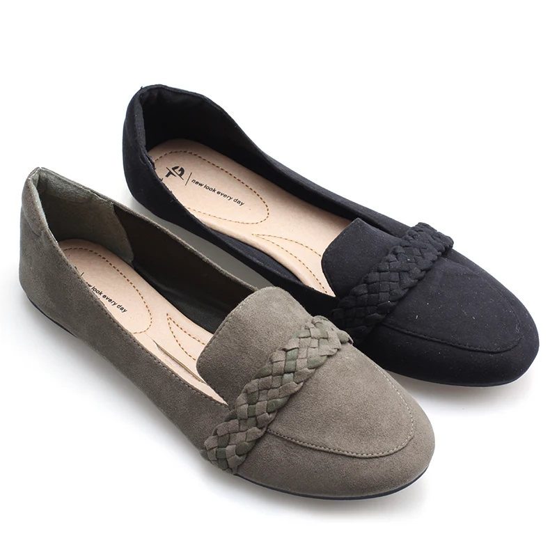

Women fashion cheap microfiber upper mesh lining soft insole round toe slip on flat shoes, Black/grey/brown