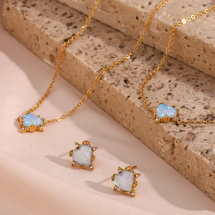 

K070 Vintage PVD Stainless Steel Jewelry Set 18K Gold Plated Opal Heart Shape Pendant Necklace Bracelet Earring For Women Girls