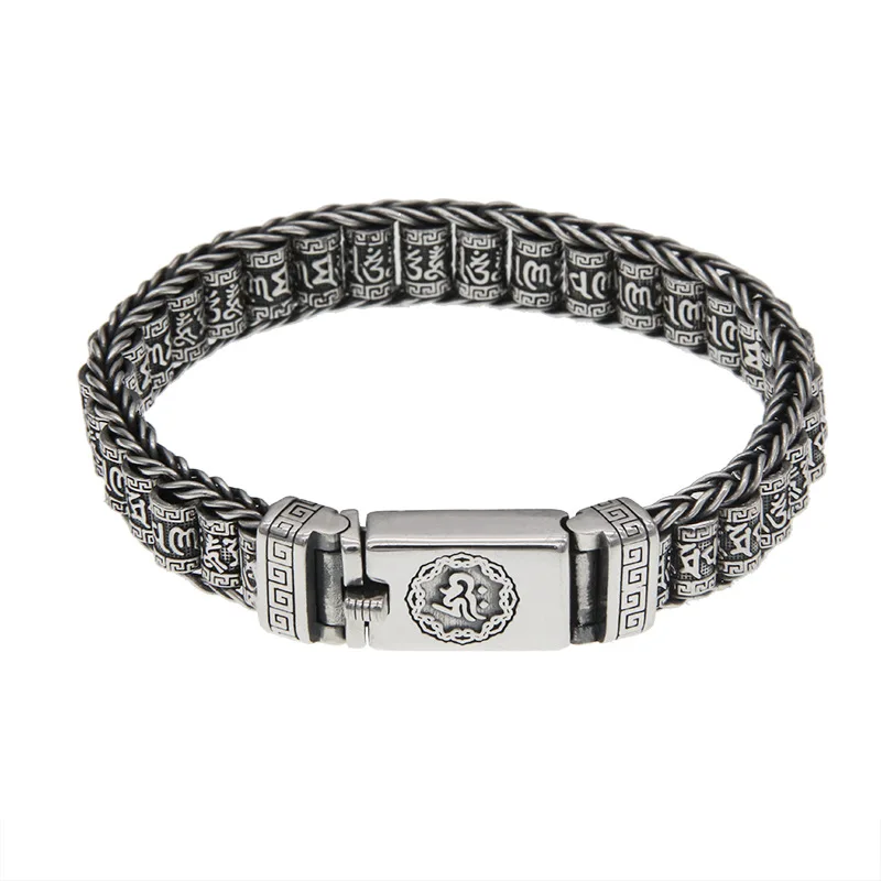 

S925 Sterling Silver Hand-woven Prayer Bracelet with Six-character Prayer Wheel Marcasite Retro Old Men's Drum Silver Chain