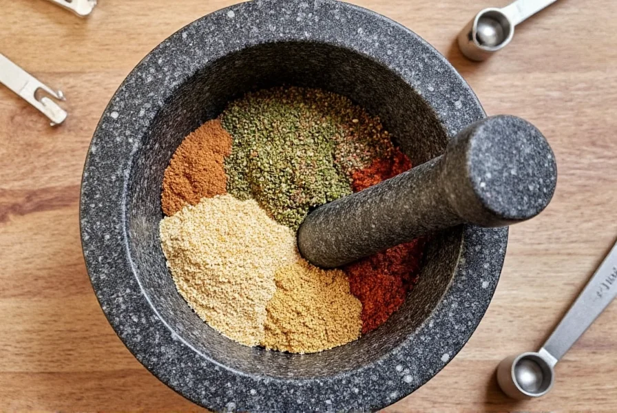 Homemade spice blend mixture of caraway seed substitutes in a mortar and pestle with measuring spoons
