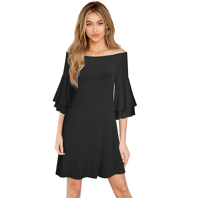 

New arrival solid color women dresses casual black green summer one-shoulder loose flared sleeve midi dress