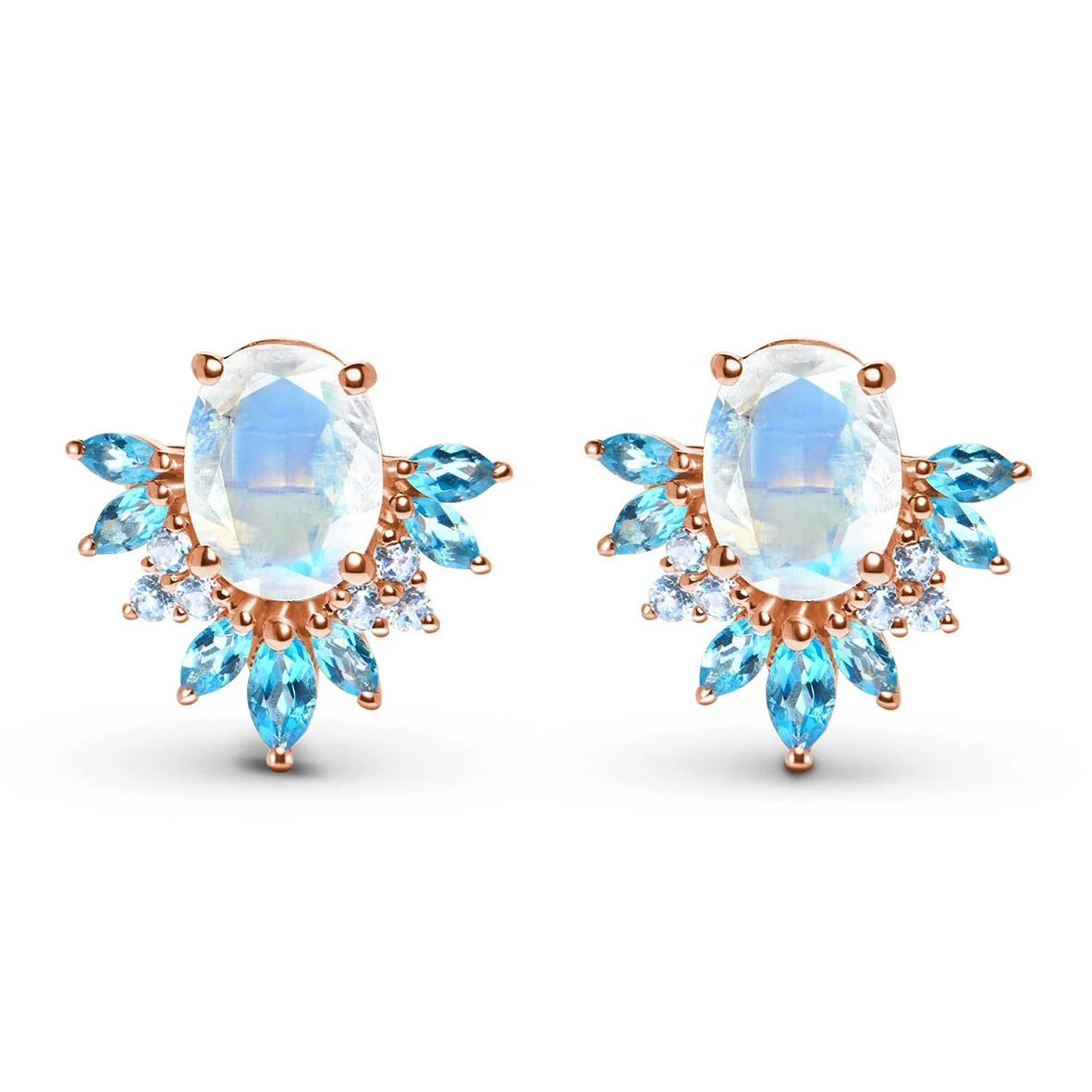 

925 Sterling Silver Rose Gold Faceted Cut Moonstone Blue Topaz Earrings