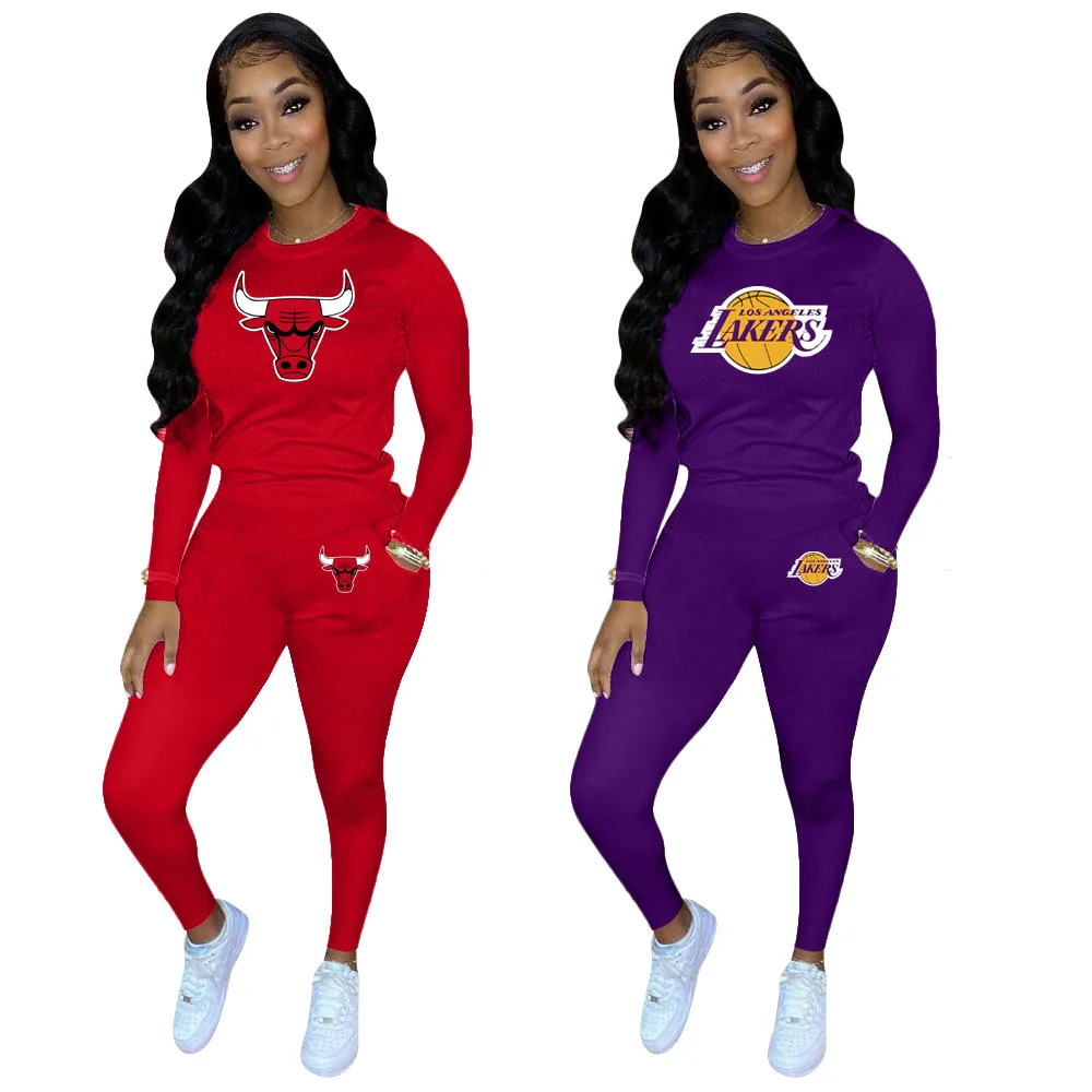 

Ladies 2 Piece Set Basketball Logo Printing Solid Color Long Sleeve Pencil Pants Two Piece Set Women Winter Set, Black,red,orange,blue