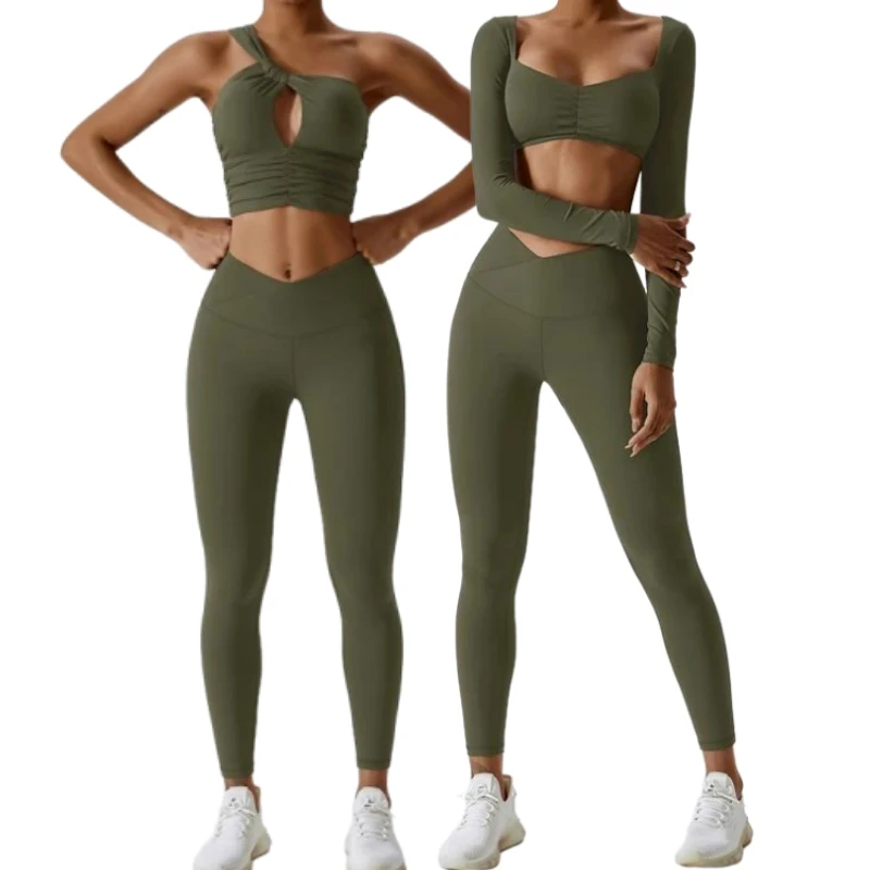 

Aoyema Custom 3PCS Sexy One Strap Bra Fitness Yoga Wear Leggings SportLong Sleeve Gym Seamless Women Fitness Gym Set