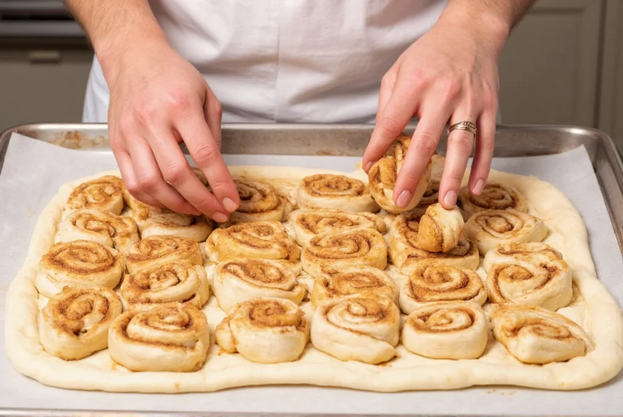 Hands sprinkling cinnamon sugar mixture over rolled pastry dough for cinnamon rolls