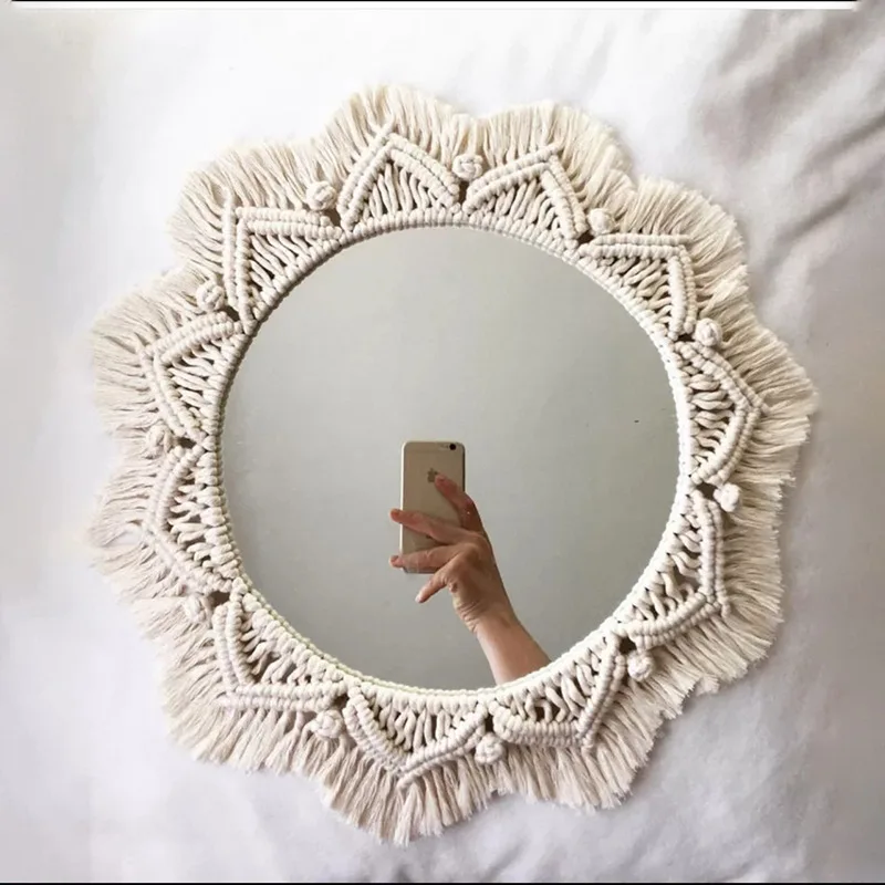 

Hot Amazon Custom Cotton Bohemian Handmade Macrame Home Decor Wall Hanging Mirror, Custom as request