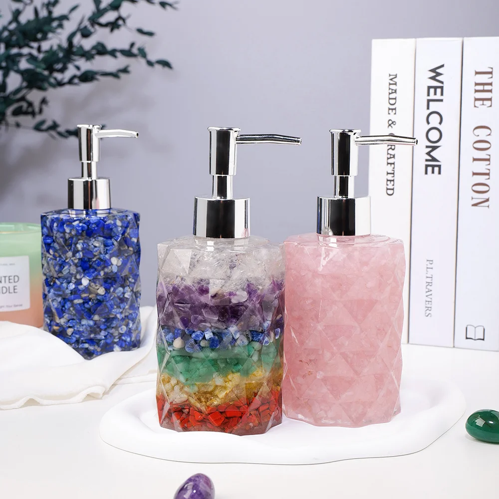 

Wholesale natural crystal chips liquid soap bottle unique gemstone bathroom ware