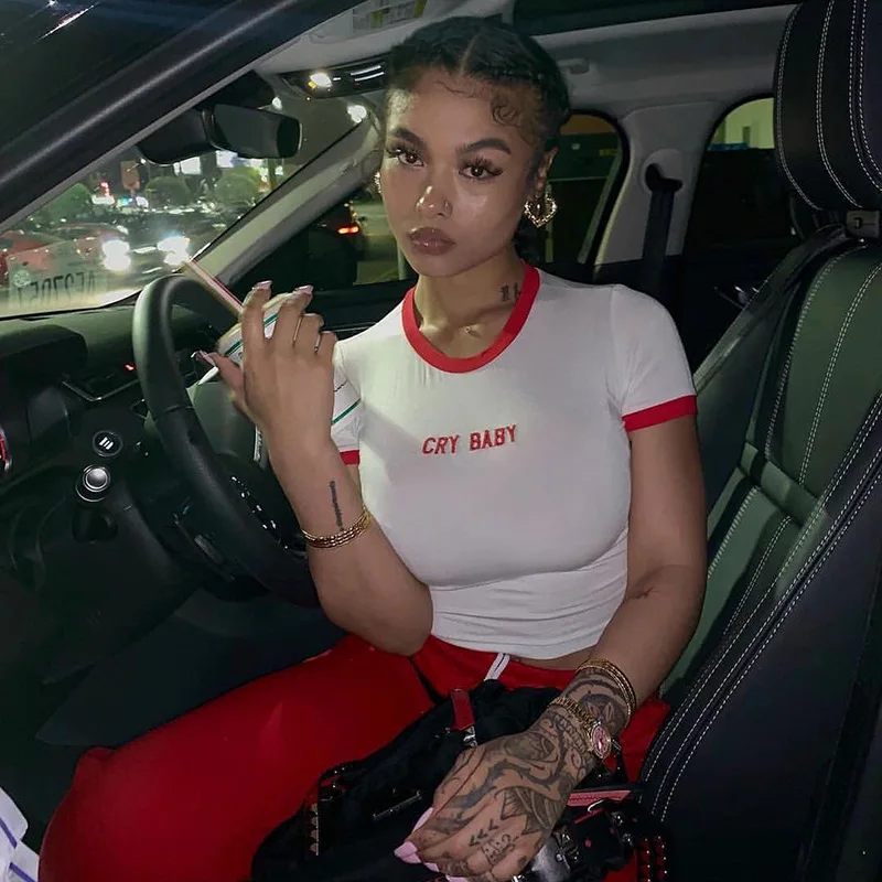 

2021 Summer New Letter Cry Baby Print Round Neck Short Sleeve Midriff Bearing Woman Bodycon T Shirt