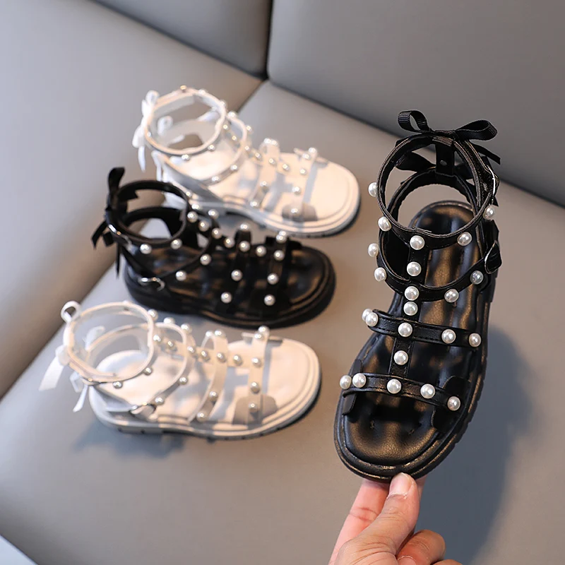 

Girl Sandals Roman Sandals Summer 2021Girl Bowknot Shoes Princess White Beach kids designers Shoes Fashion Kids Sandals Girls, Black,white