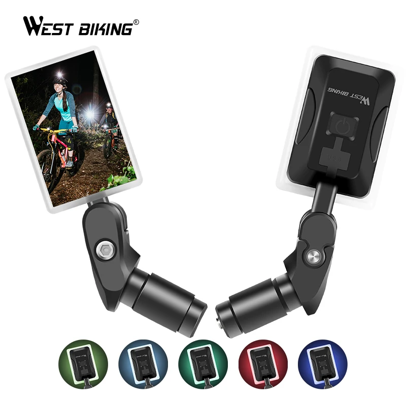

WEST BIKING 360 Rotation Adjustable Rear View Mirror New Bike Rearview Mirror With LED Light USB Rechargeable Handlebar Mirror, Black