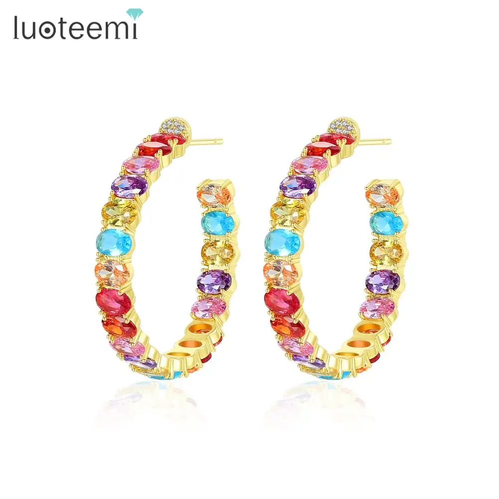 LUOTEEMI Fashion Hoop Earrings Cubic Colored 18K Gold Plating Clip On Rainbow CZ Big Hoop Earrings