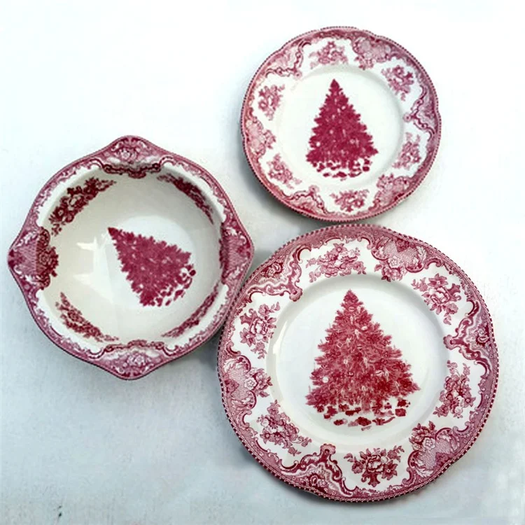 

Wholesale ceramic traditional Christmas tree decal pattern porcelain tableware plate set, Picture