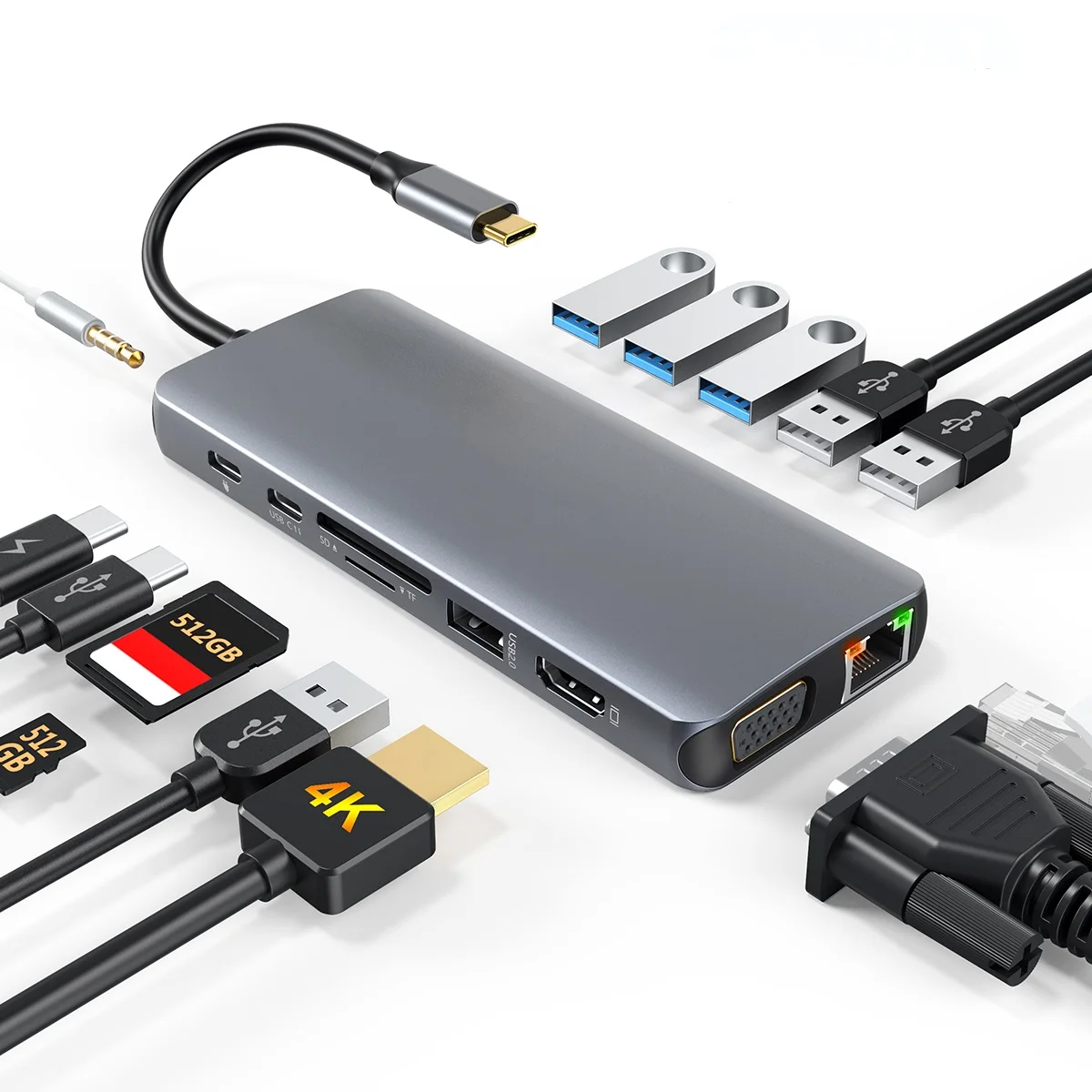 

14-in-1 USB C hub 4K USB C to HD VGA Gigabit Ethernet 100W PD SD/TF card reader Type-C data transmission 3 USB 3.0 / 3 USB 2.0