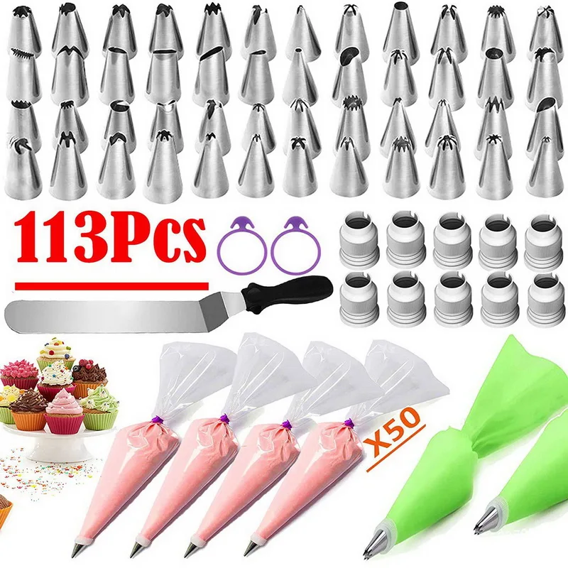 

Numbered 113 pieces decorating nozzle cream spatula PE pastry bag converter piping tips baking cake tools, As picture