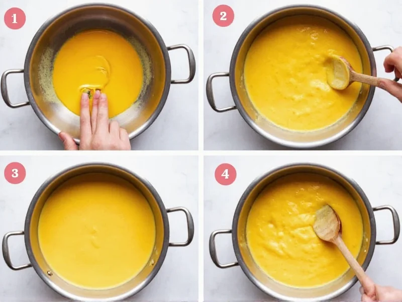 Step-by-step cheese sauce preparation in stainless steel pot