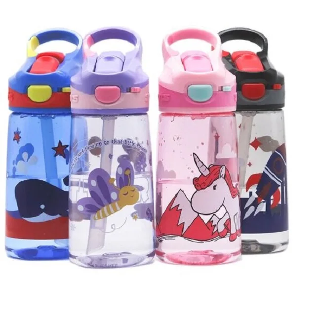 

Shenzhen new design fall proof water bottle with straw 450ml kids portable water cups, Transparent blue/pink/ black/purple