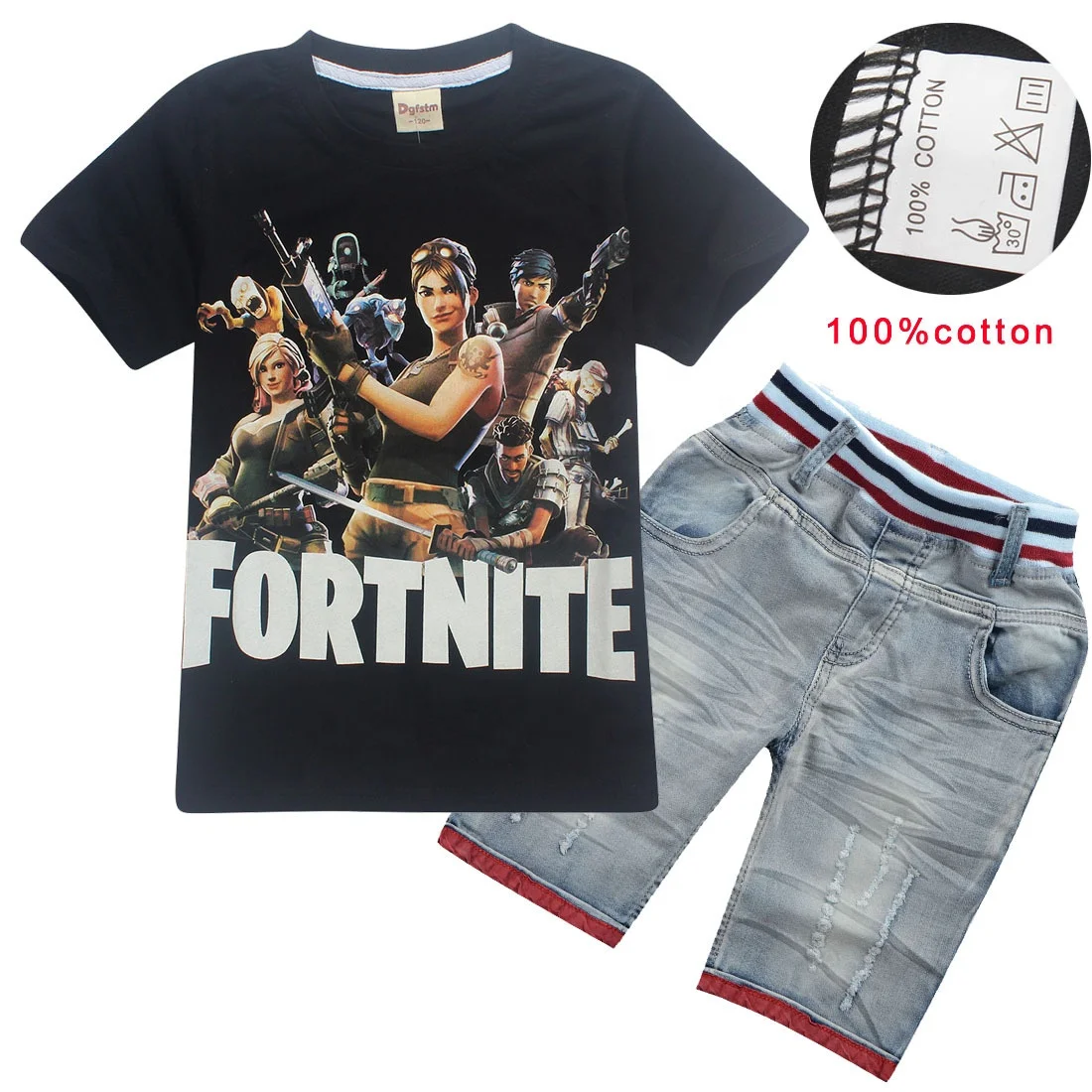 

2020 BOY'S NICE SUMMER T-SHIRT WITH COOL CARTOON PRINTS+ WASHED JEAN SHORTS SETS IN 100% COMBED COTTON