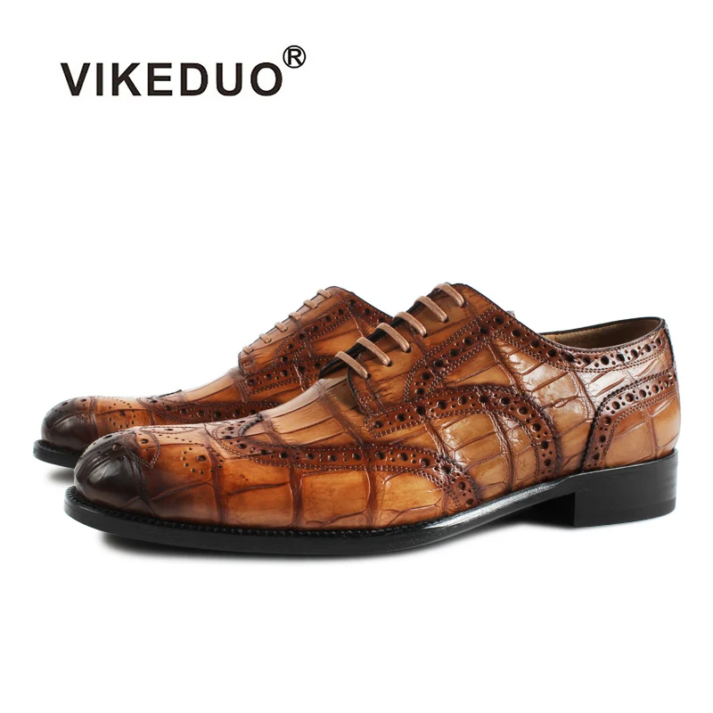 

Vikeduo Hand Made Brown Brogues Derby Formal Dress Footwear Custom Men Crocodile Casual Leather Shoes, Light brown