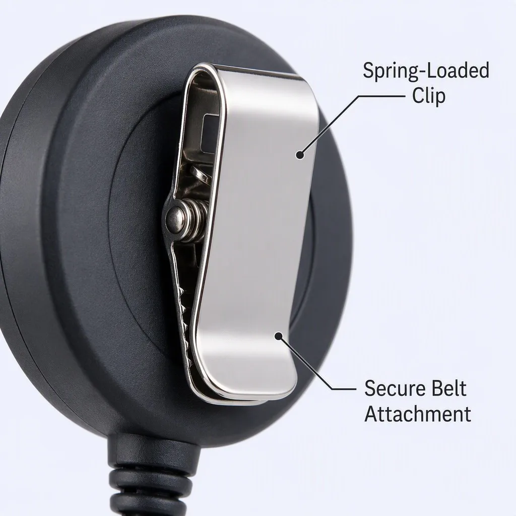 Close-up of the spring-loaded chrome belt clip