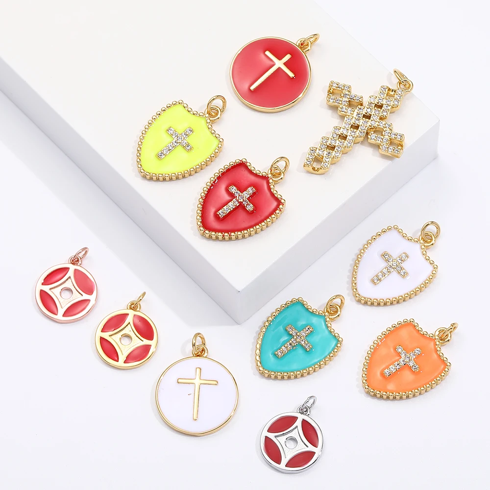 

New Fashion Enamel Cross Pendants Charms Jewelry 18k Gold Plated Zircon Earring Pendant Diy Necklace Accessories Charms Jewelry, Gold/silver/rosegold