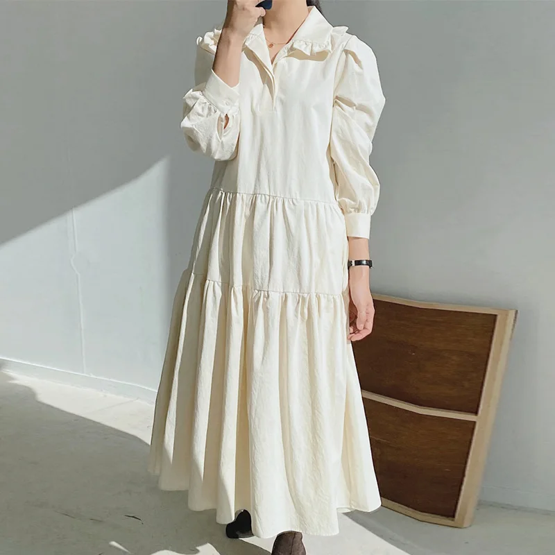 

Wholesale 2021 Spring and Summer Korean Elegant Temperament Retro Female A-line Dress Casual Loose Ruffled Puff Sleeve Dress