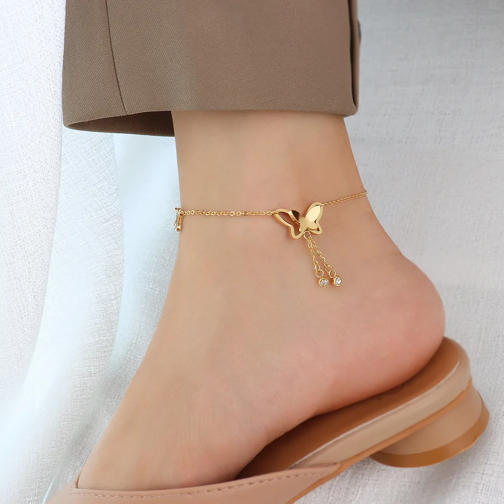 

Cute 18K Real Gold Butterfly Zircon Tassel Anklet Adjustable Foot Chain Summer Stainless Steel Butterfly Anklet